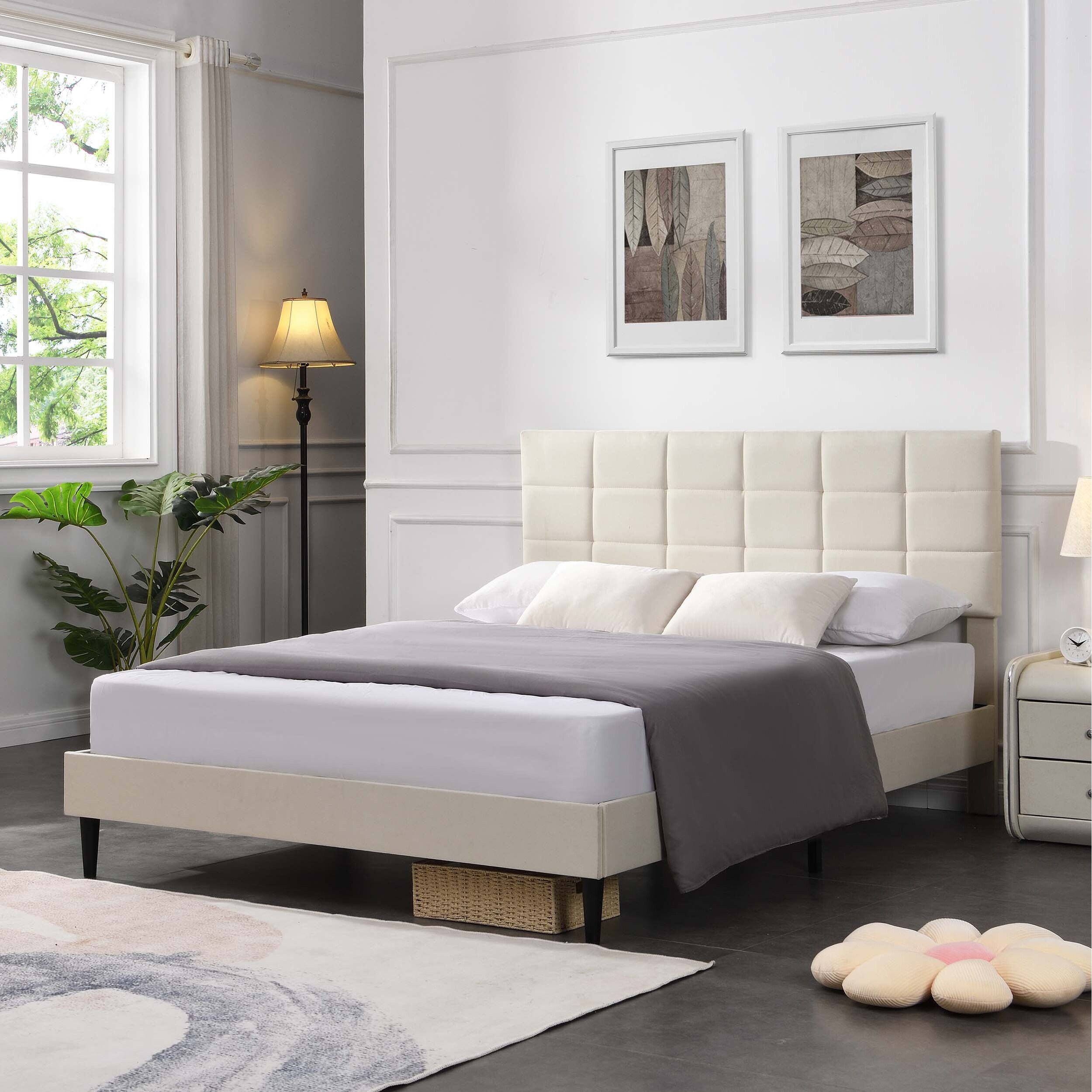 Modern Platform Bed Frame with Upholstered Headboard Sturdy