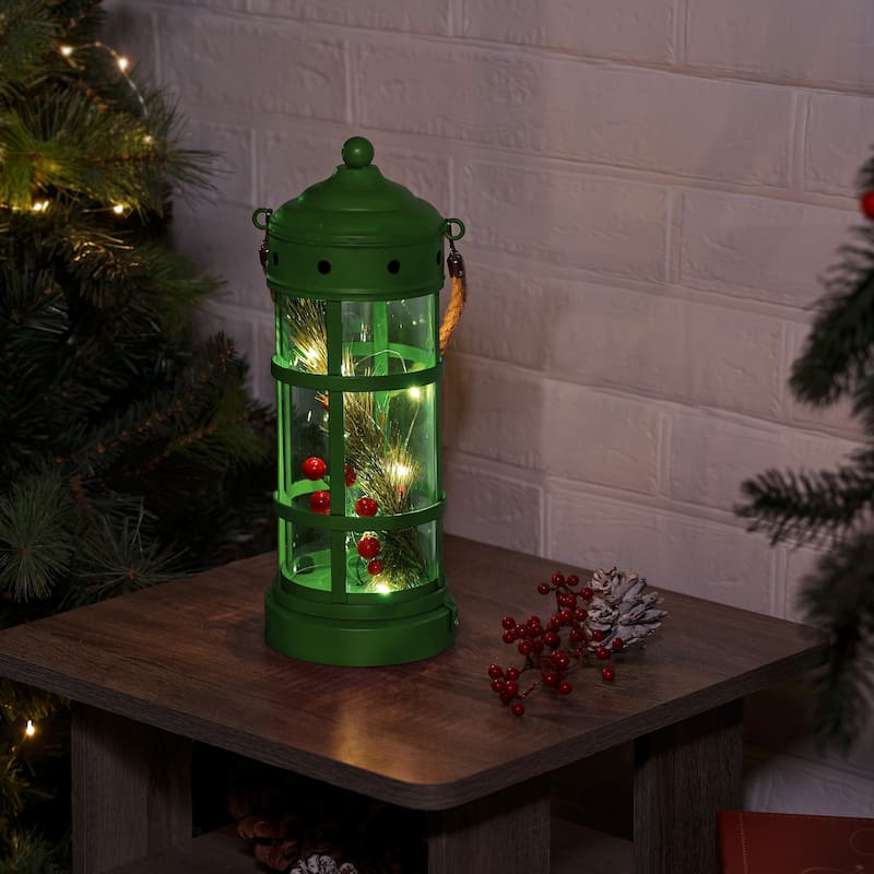 Alpine Corporation Metal and Glass Lantern with Warm White LED Lights - Green