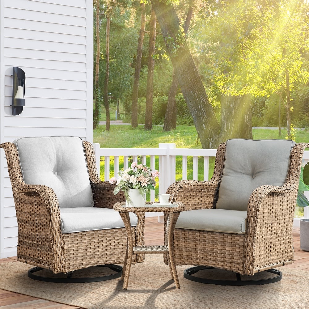 Pocassy 3-Piece Outdoor Swivel Bistro Set, Wicker Rocking Chairs