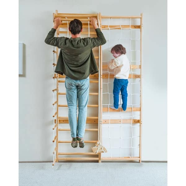 slide 2 of 7, Neem Swedish Wall Ladder & Indoor Wooden Climber for Kids - Home Gym Playset - Natural - Neem 94.5 inches Natural