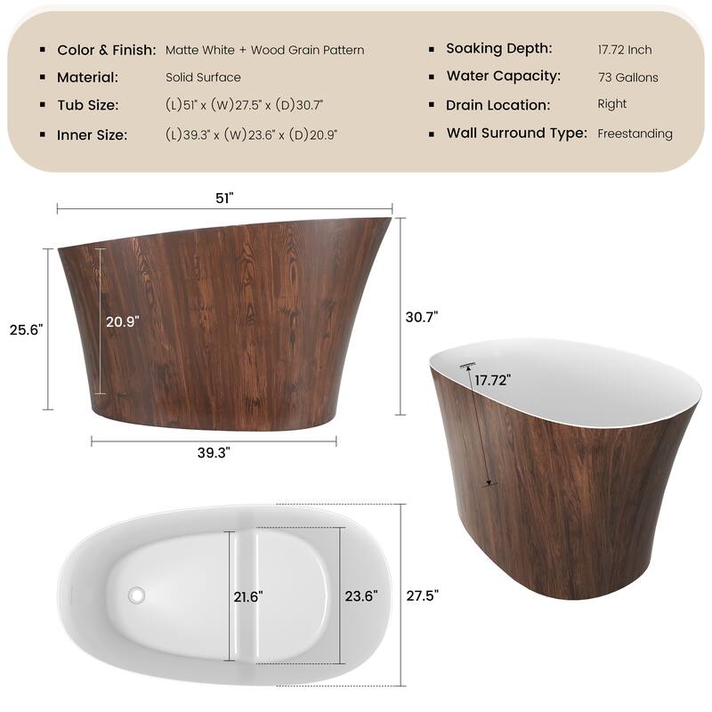 51 in. Solid Surface Freestanding Deep Soaking Bathtub with Built-In Seat, Right Drain, Matte White with Wood Grain Pattern