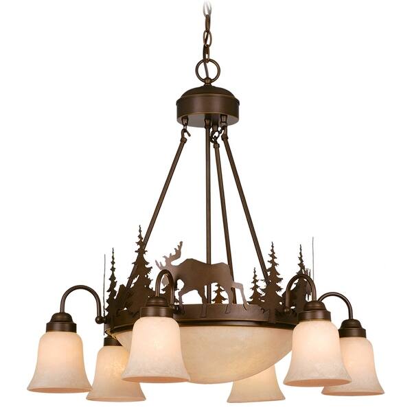 slide 2 of 9, Yellowstone 9 Light Bronze Rustic Moose Chandelier - 28.5-in W x 27-in H x 28.5-in D Burnished Bronze - 28.5-in W x 27-in H x 28.5-in D