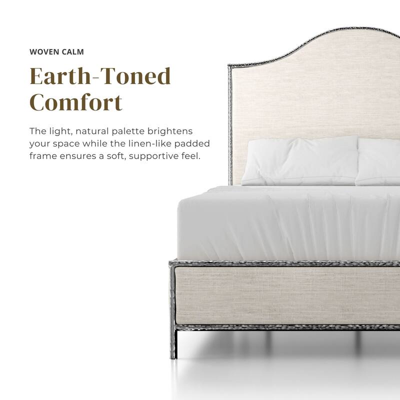 Furniture of America Zayen Modern 3-Piece Upholstered Queen Size Hammered Metal Camelback Bedroom Set with 2 Nightstands