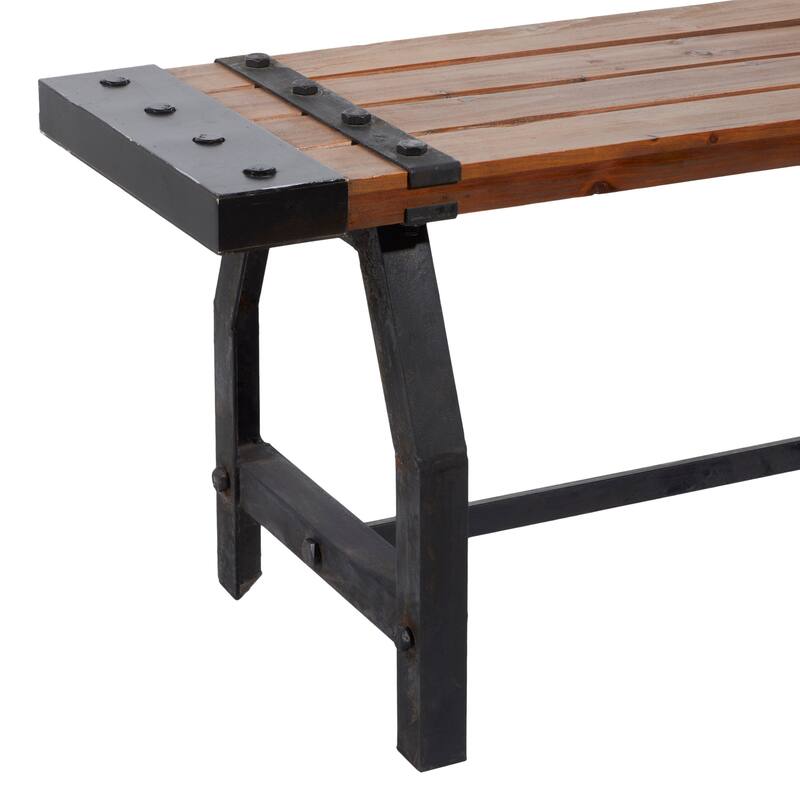 Wood Bench with Black Metal Base and Studs - Brown - Roche River Decor - 13"Wx55"Lx18"H