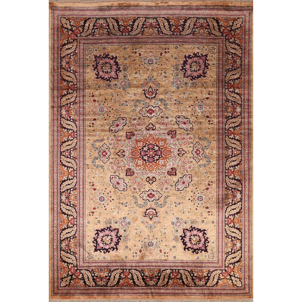 Handmade 100% Silk Geometric Qum Persian Rug Traditional Floral Carpet - 4'7"x 6'8"