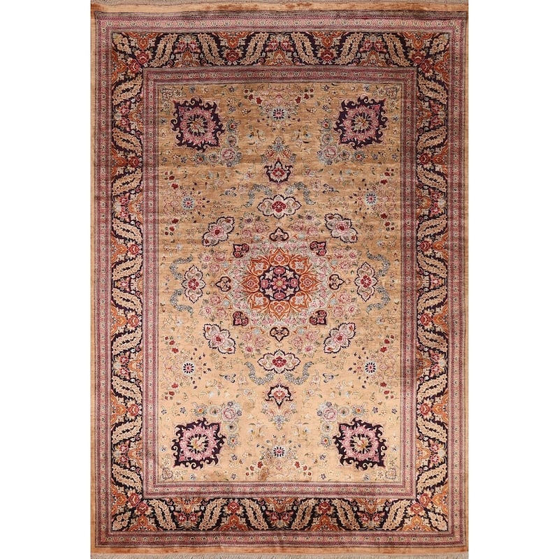 Handmade 100% Silk Geometric Qum Persian Rug Traditional Floral Carpet - 4'7"x 6'8"