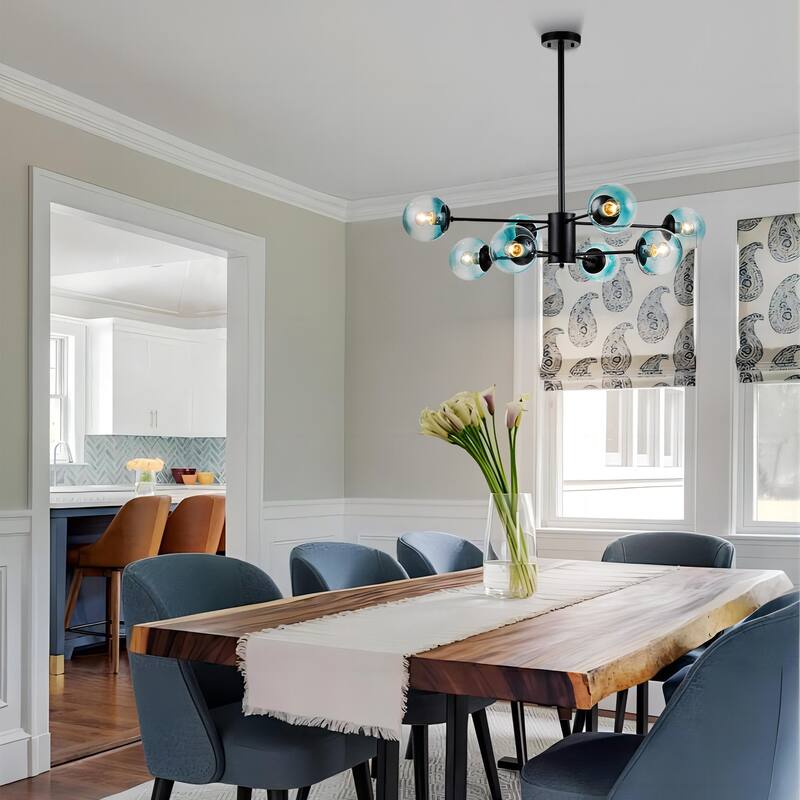 8-Light Modern 2-Tier Sputnik Linear Cluster Gradient Blue Clear Glass Globe Bubble Chandelier