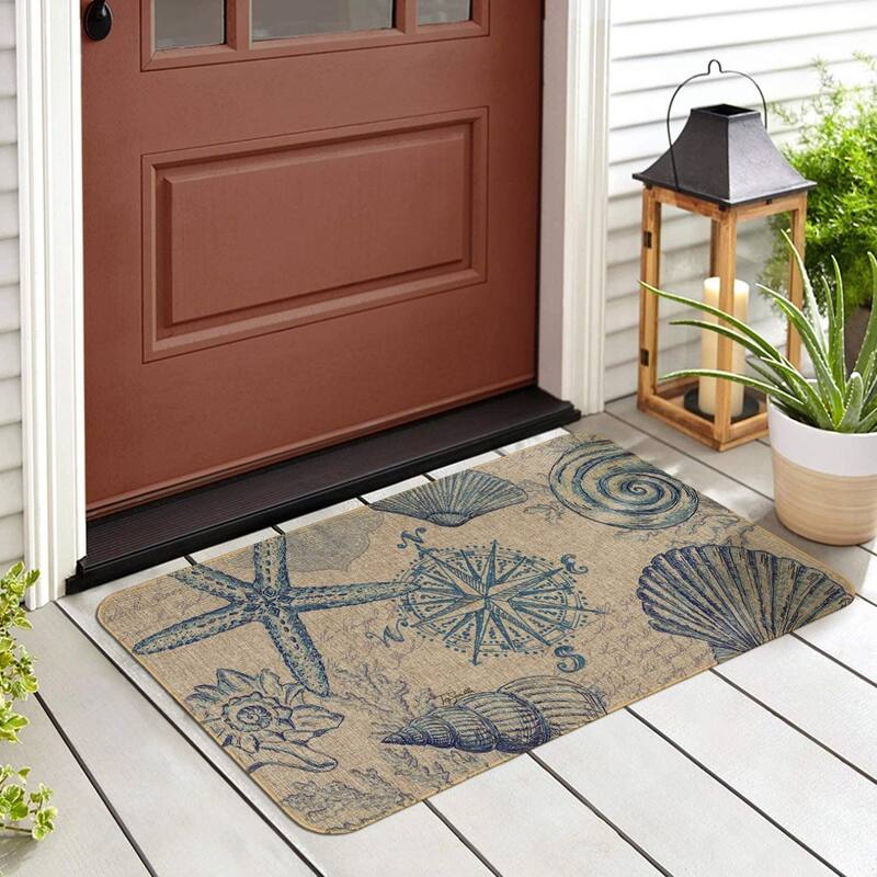 Natural Linen Look Decorative Low Profile Indoor/Outdoor Floor Mat with Recycled Rubber Back, Coastal Sketch, 29.5" x 17.75".