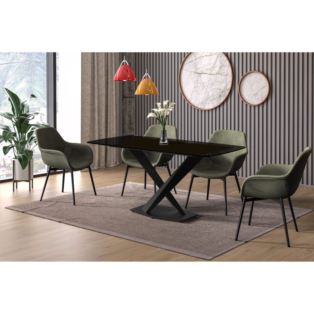 Voren Dining Table with Stone or Glass Tabletop in Black Steel Base