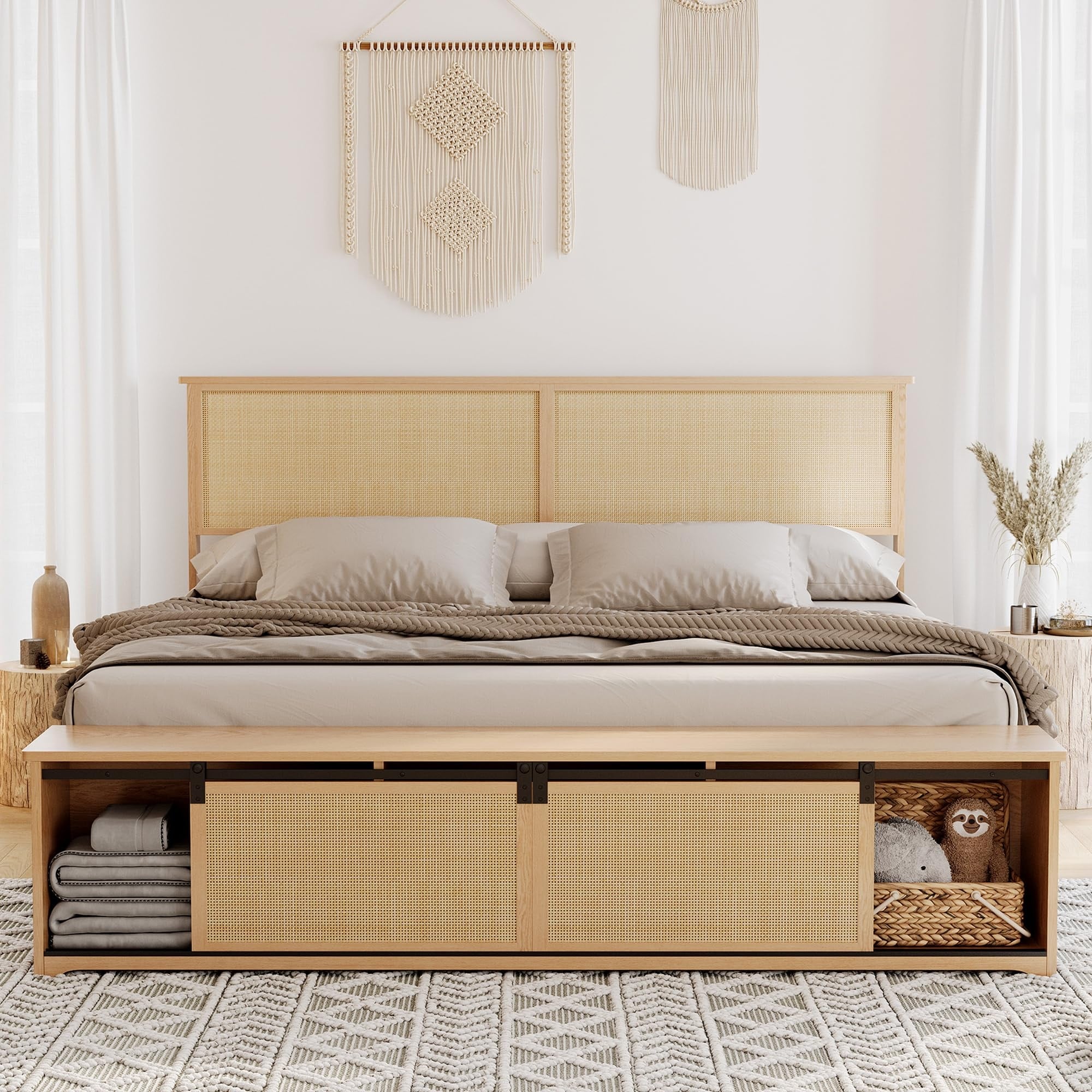 King Platform Bed Frame with Rattan Headboard Storage Headboard