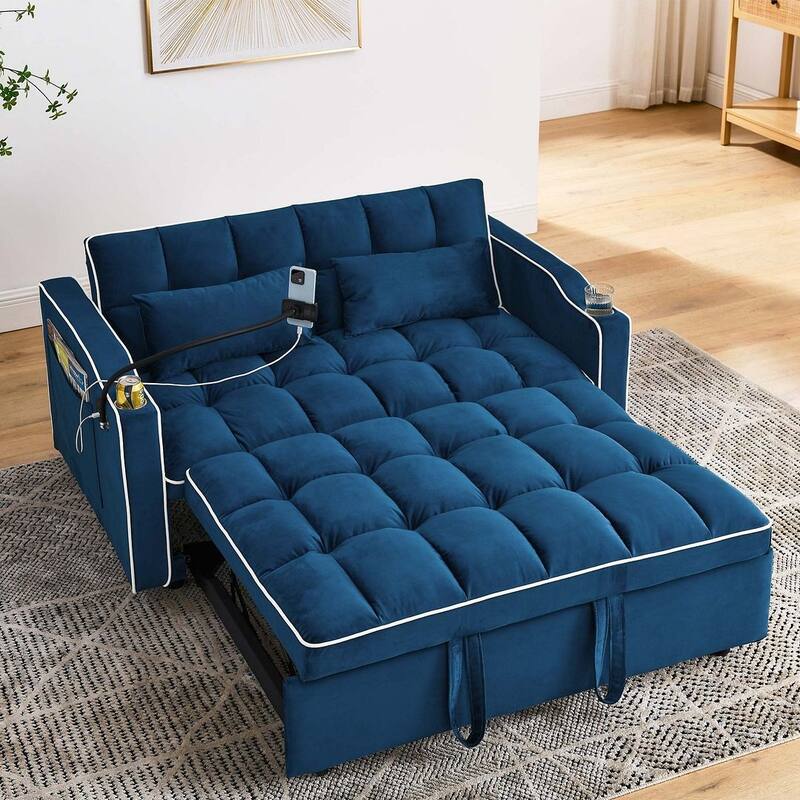 55.51'' Modern Versatile Foldable Sofa Bed With Adjustable Back and USB Port and Ashtray and Swivel Phone Stand