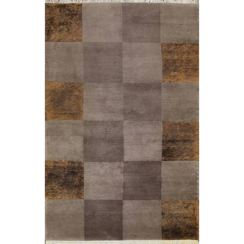 Checkered Vegetable Dye Nepalese Oriental Wool Area Rug Hand-knotted - 5'2" x 7'11"