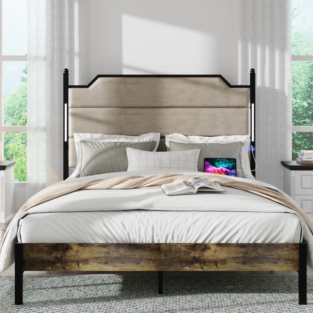Queen Size Bed Frame with Upholstered Headboard, Charging Station, LED Lights, Wood Slats, Easy Assembly, Industrial Brown