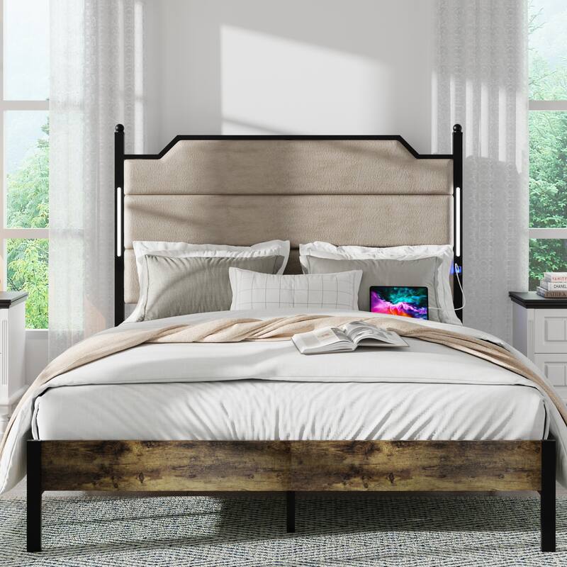 Roomfitters Queen Bed Frame with Upholstered Headboard, Charging Station, Light Bar Headboard, Wood Slats, Brown
