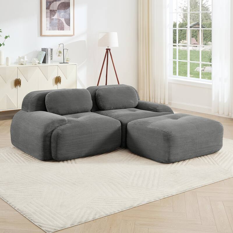 Rossetta 82'' Simplified Anti-Slip Style L-shaped Premium Corduroy Fabric Modular Loveseat Sofa with Curved Armrests, 1 Ottoman