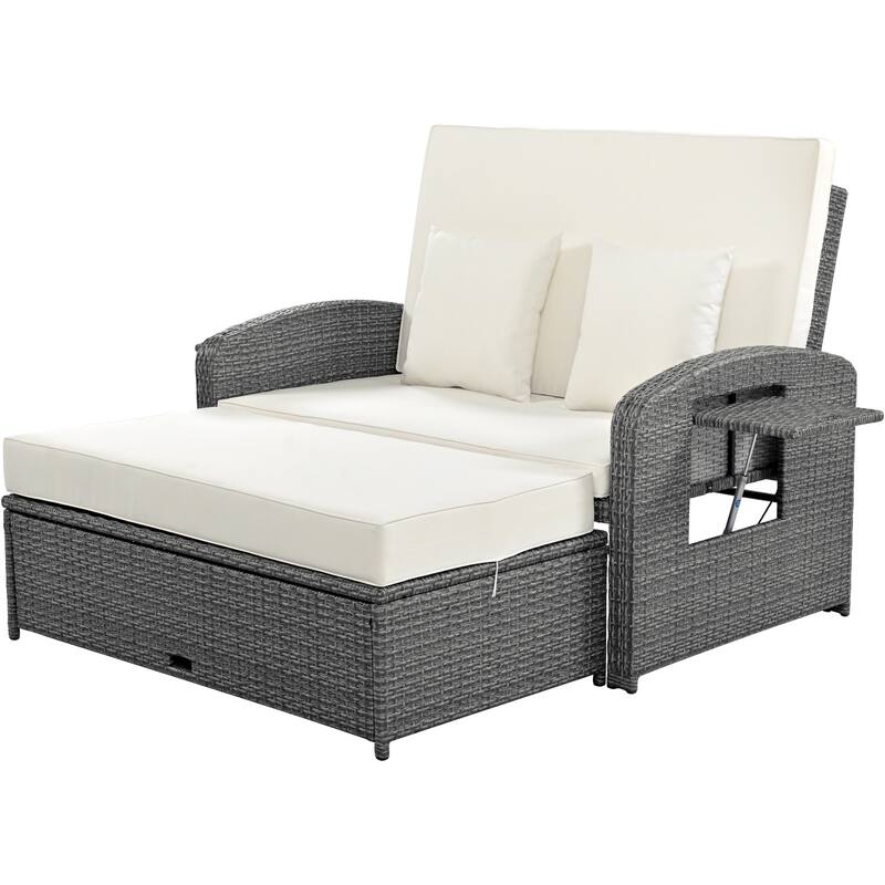 Outdoor Patio Rattan Double Reclining Daybed with Adjustable Back and Cup Trays, Free Protection Cover