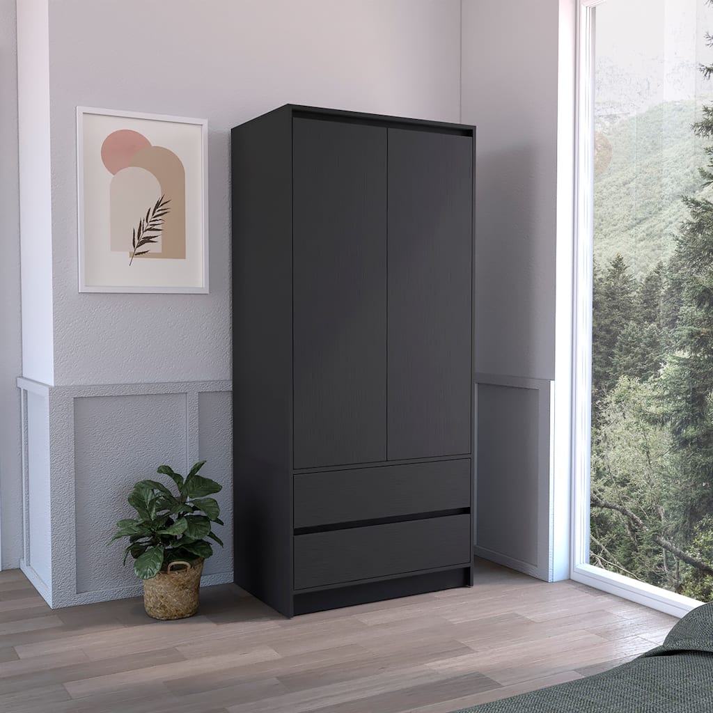 20.47" Modern Double-door Armoire with Two Drawers and Hanging Rod for Bedroom