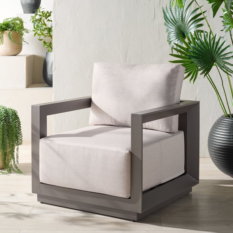 SAFAVIEH COUTURE Donaldo Aluminum Outdoor Chair - 31"W x 30"D x 24"H - Dark Grey/Beige