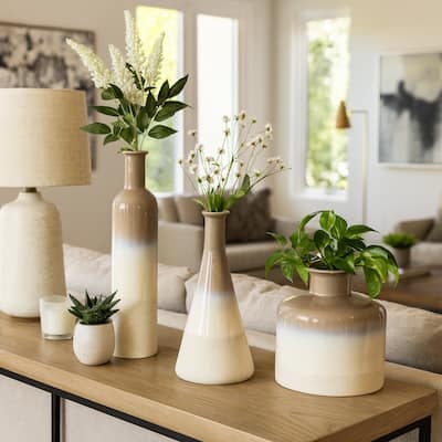 Elegant Glazed Ceramic Decorative Vase for Home Decor - Flower Vases with Modern Shapes - Set of 3, 21", Ivory