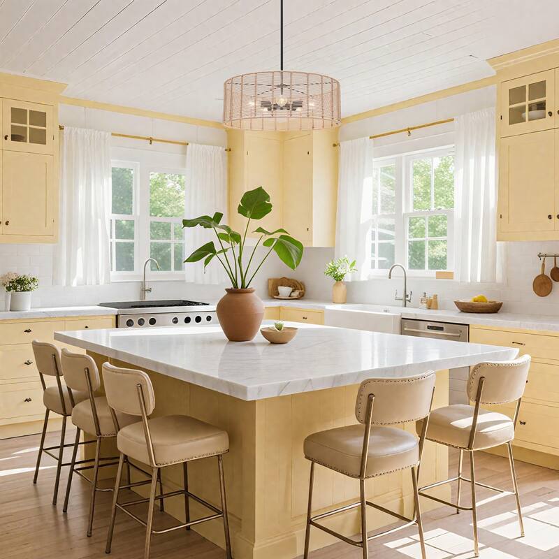 5-Light Coastal Drum Chandelier Handmade Rattan Island Pendant Light for Dining Room - Nature - D26"xH9.8”