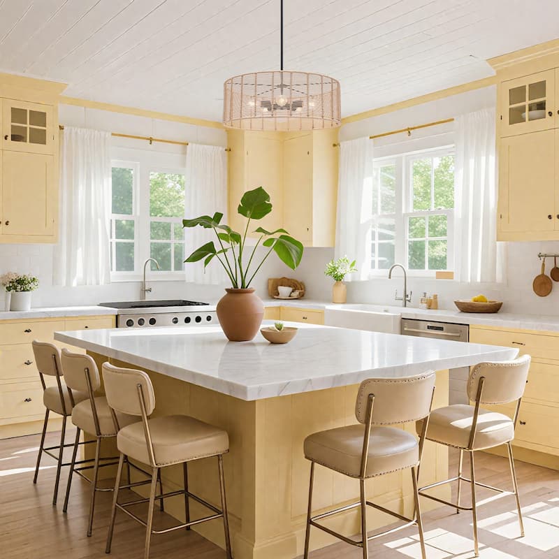 5-Light Coastal Drum Chandelier Handmade Rattan Island Pendant Light for Dining Room - Nature - D26"xH9.8”