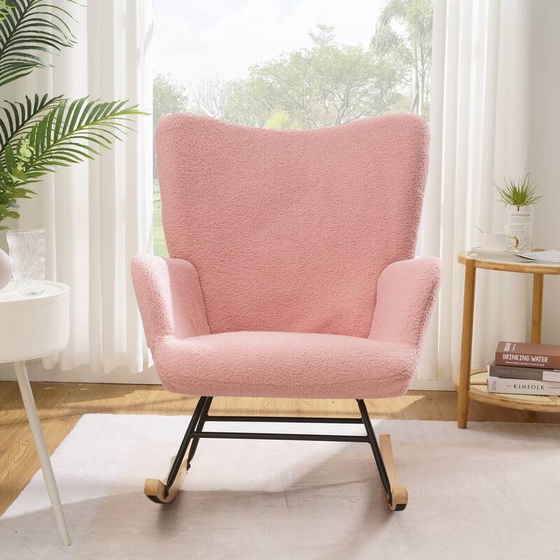 Javlergo Teddy Fabric Rocking Chair, Upholstered Nursery Glider Rocker with High Backrest & Side Pocket