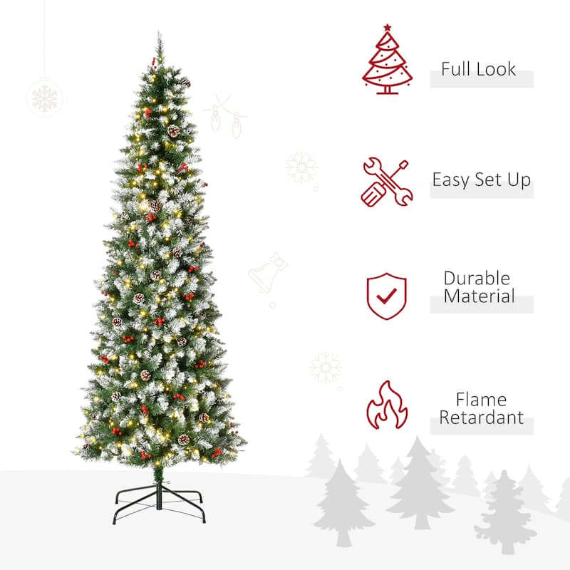HOMCOM Pre-Lit Snow-Dipped Artificial Tree - Realistic Branches, LED Lights, Pine Cones, Red Berries - Green