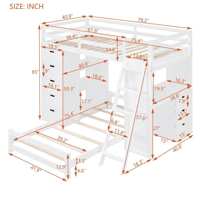 Merax Twin over Twin Bunk Bed with LED Light and USB Ports, 5 drawers