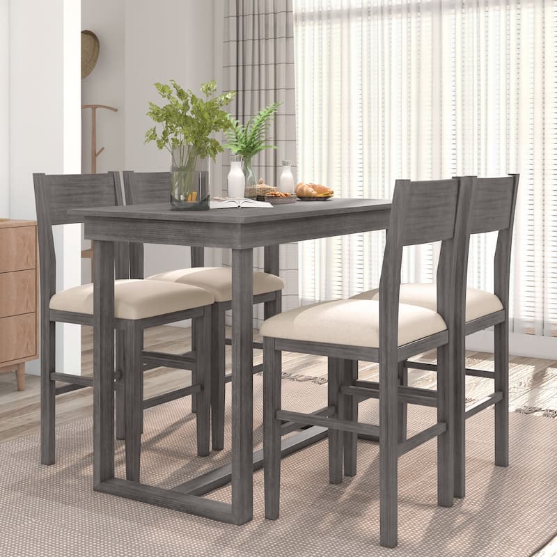Gray Farmhouse 5-Piece Counter Height Dining Table Set with 4 Chairs - Gray