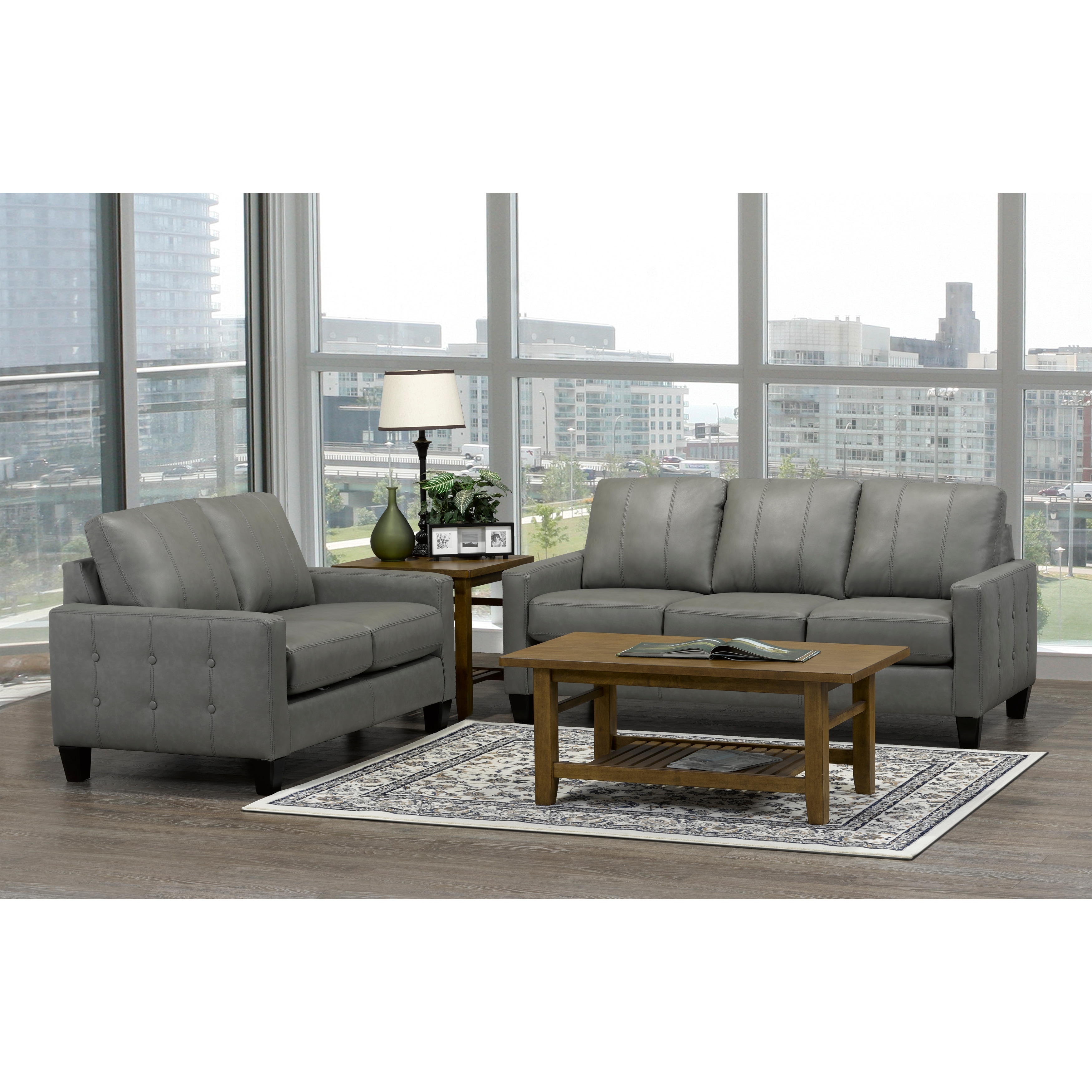 Roy Mid Century Modern Grey Top Grain Italian Leather Tufted Sofa