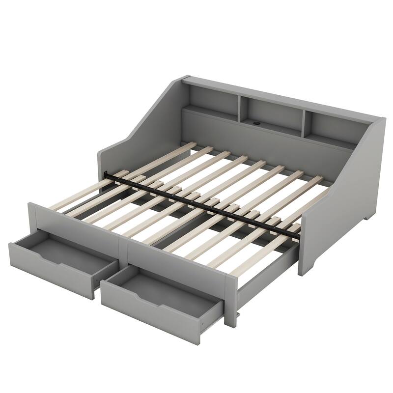 Twin Size Pine Convertible Daybed (Twin to King) with USB Charging & Storage (660lb Capacity)