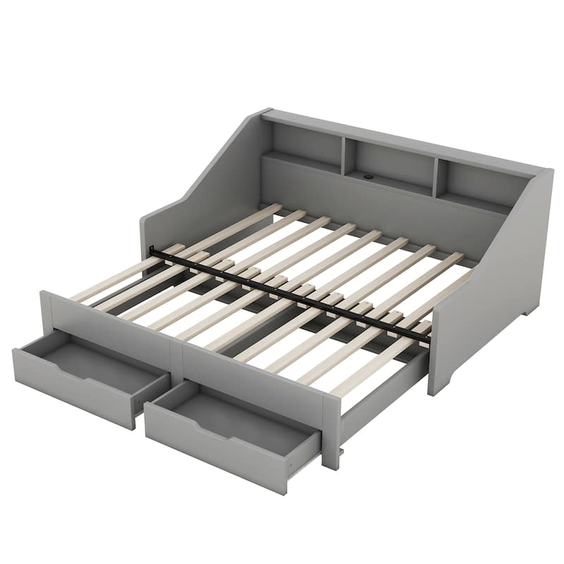 Twin to King Size Daybed Frame with Storage Bookcases and Two Drawers