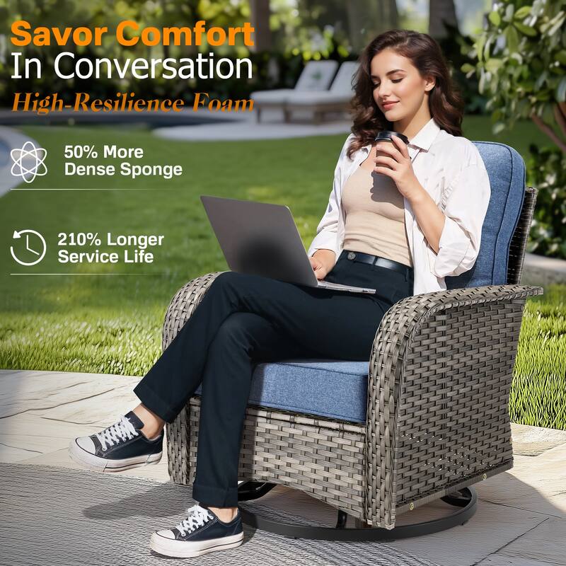 OVIOS 7-piece Patio Wicker Swivel Rocking Chair Set With Fire Pit