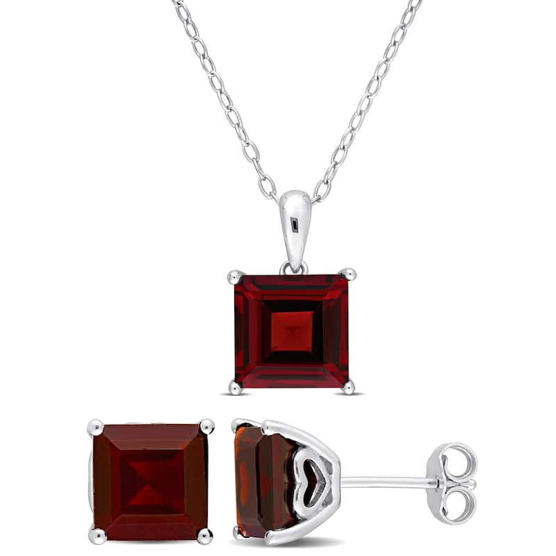 Miadora 9 1/3ct TGW Garnet Solitaire Necklace and Stud Earrings Set in Sterling Silver