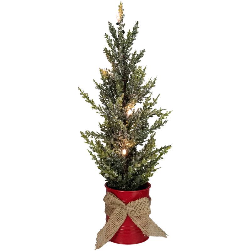16" LED Lighted Red Potted Artificial Tabletop Iced Christmas Tree Decoration - Clear Lights