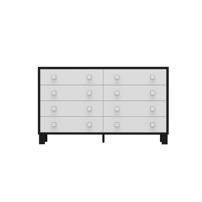 63" Modern 8 Drawer Dresser, Black & White Double Wide Bedroom Storage Chest