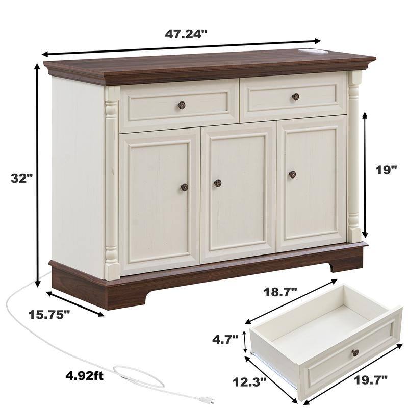 Farmhouse Roman Column Cabinet‌ – Wooden Storage Unit with Drawers & Doors, Coffee Bar & Wine Cooler for Kitchen or Hallway