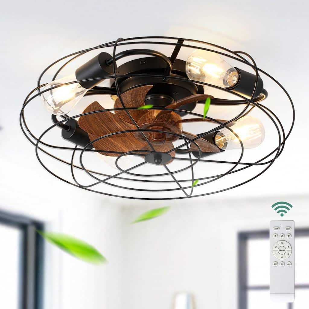 Cusp Barn 20'' Farmhouse Caged Ceiling Fan with Light, Modern Enclosed Low Profile Flush Mount Reversible Fandelier Ceiling Fan