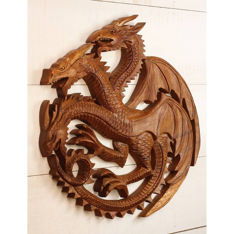 12" Three Headed Dragon Wooden Wall Art Hand Carved Fantasy Sculpture, Rustic Mythical Home Decor