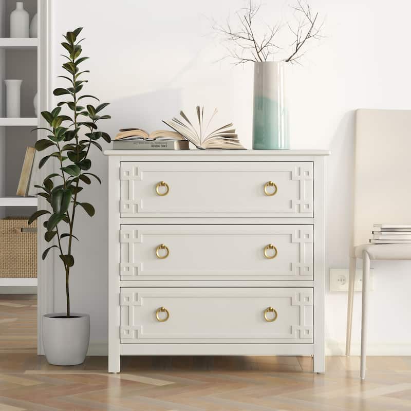 COZAYH Farmhouse 3-Drawer Dresser, Rustic Chest of Drawers with Embossed Geometric Lines, French Country, Fully-Assembled