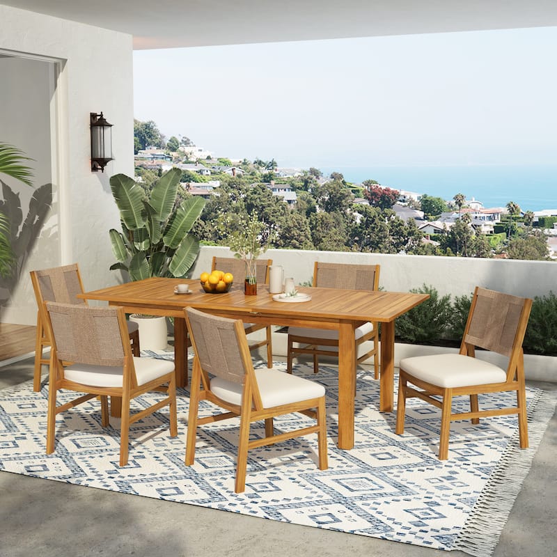 Christopher Knight Home - Outdoor Acacia Wood Dining Set with Handwoven Wicker and Expandable Table - Teak Finish+Natural
