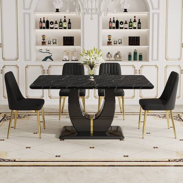 63" Black Marble Dining Table Set with 4 Black PU Chairs & Gold Metal ...