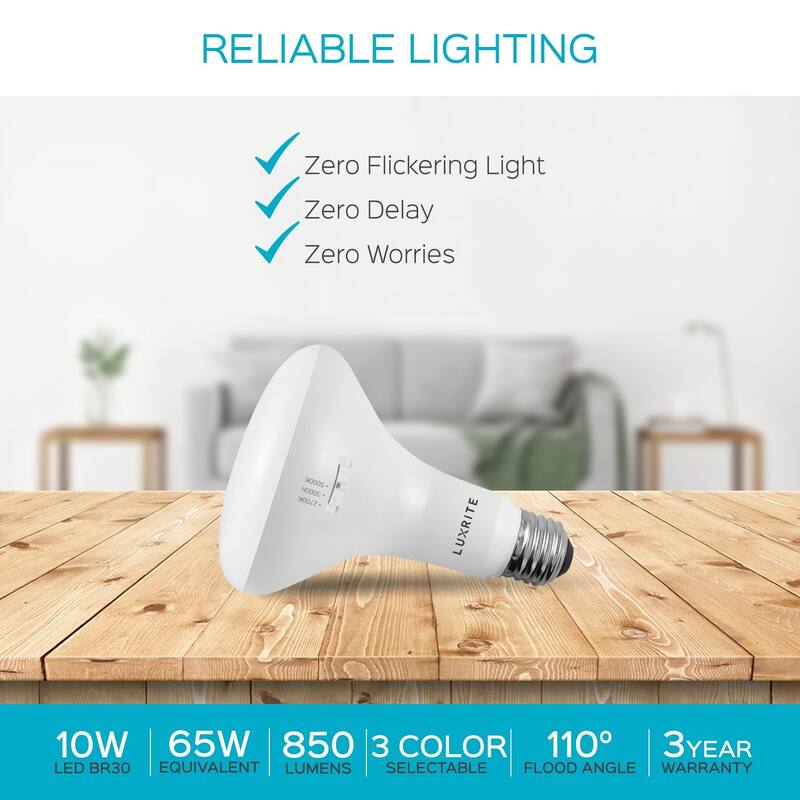 12-Pack BR30 LED Bulb Luxrite 65W Equivalent 3 Color Options Dimmable 850 Lumens LED Flood Light Bulbs 10W Damp Rated