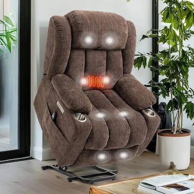 Chenille Power Lift Recliner Chair with Massage and Lumbar Heating, Dual Cup Holders