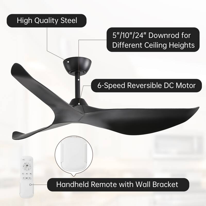 52Inch Ceiling Fan without Light, 6 Wind Speeds with Remote Control for Living Room and Patio