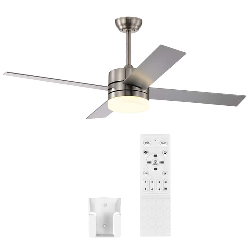 Brushed Nickel 52 in. 6-Speed Integrated LED Indoor 4-Blade Ceiling Fan with Light Kit and Remote Control