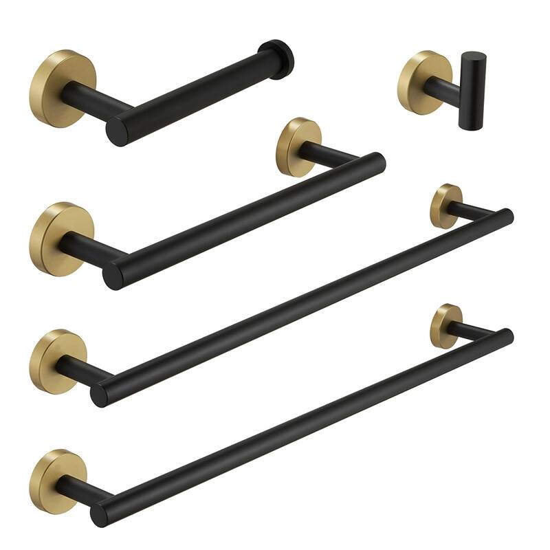 5-Pieces Bathroom Accessories Set,Stainless Steel Bathroom Hardware Set, Bath Towel Bar Set - Black+Gold