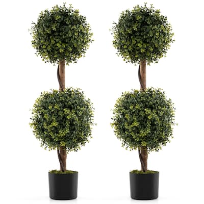 3 Feet Set of 2 Artificial Topiary Ball Trees Faux Shrubs with Birch Trunks for Indoor Outdoor Decor - 35.5"