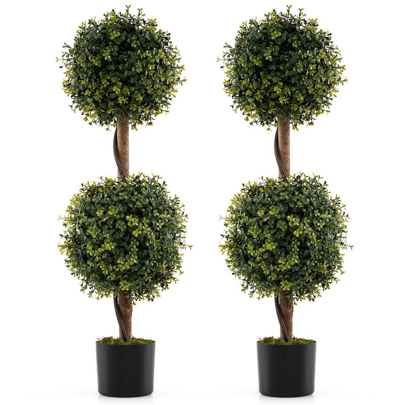 Gymax Set of 2 Artificial Double Topiary Ball Trees 3 FT Faux Boxwood - Green