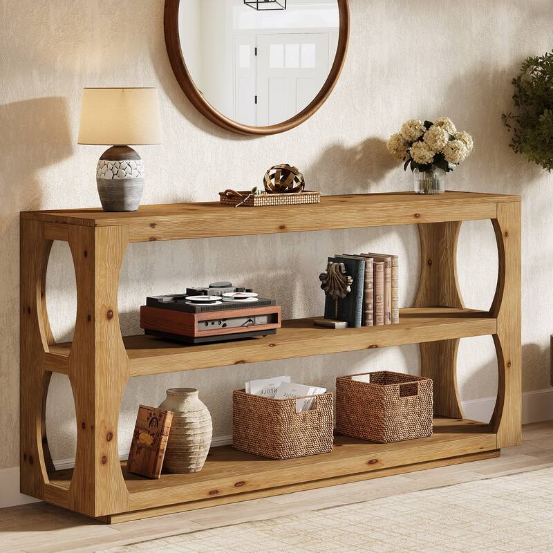 63" Solid Wood Console Table with 3-Tier Storage for Entryway Hallway - Light-Colored Fir Wood